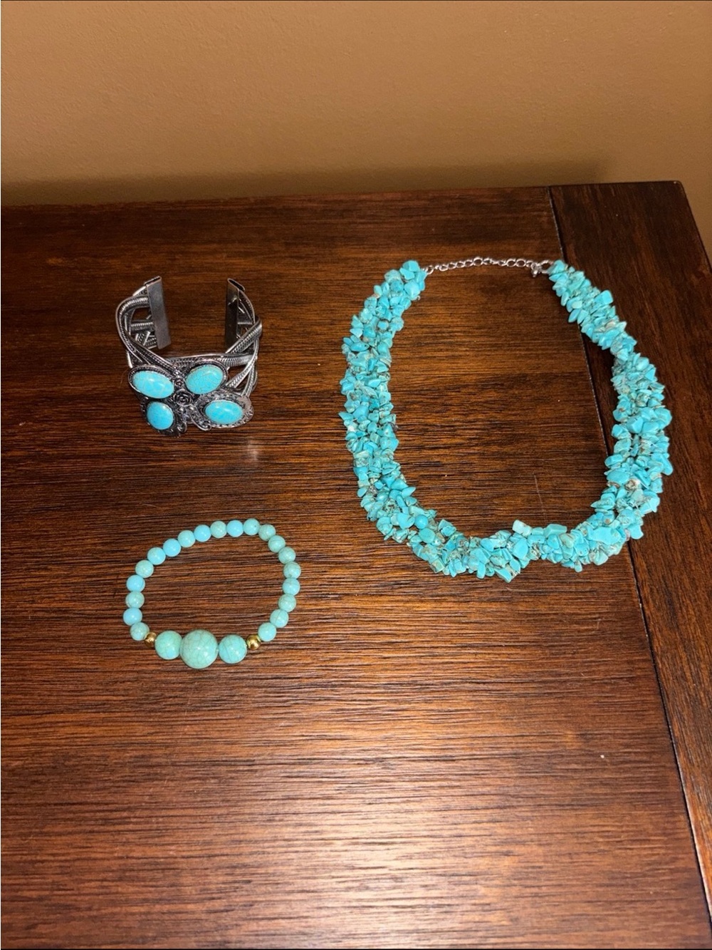 Faux Turquoise Stone Cluster Necklace with Matching Bracelet and Cuff